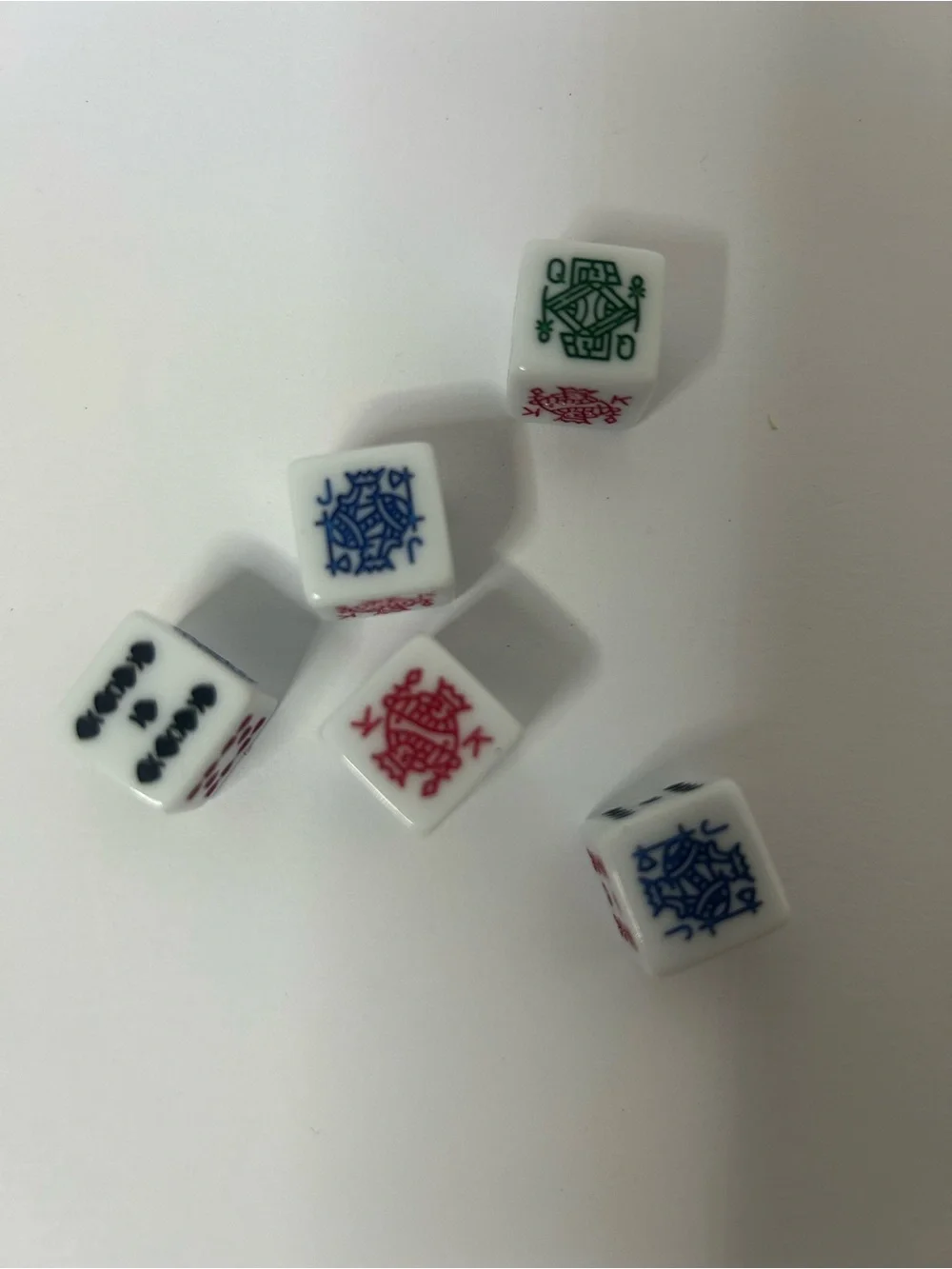 White Mahjong-Style Dice Set with Red, Black and Green‎ Faces